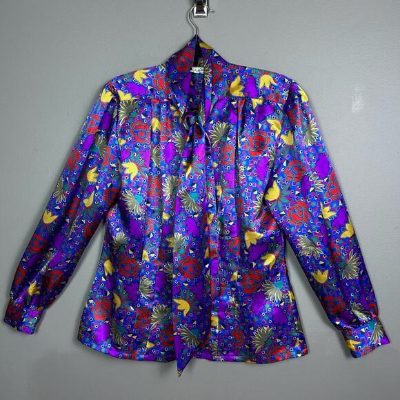 Oscar de La Renta blouse size 12 vintage secretary Floral colorful Artsy DRAMA